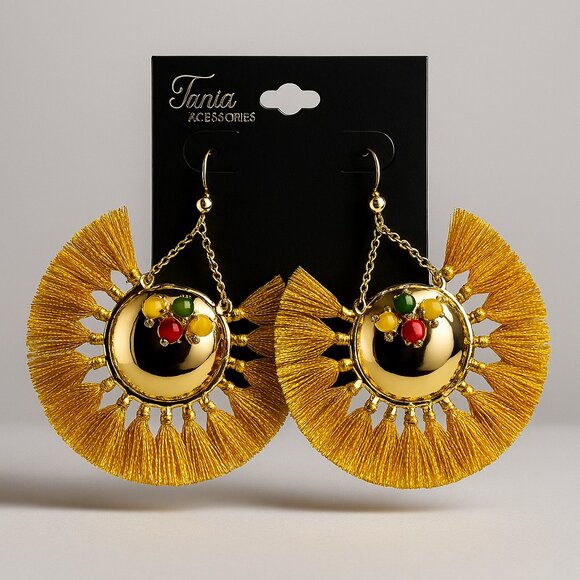 Gold & Yellow Tassel Fan Statement Earrings – Boho Fringe Drop Dangle Jewelry - Picture 1 of 8